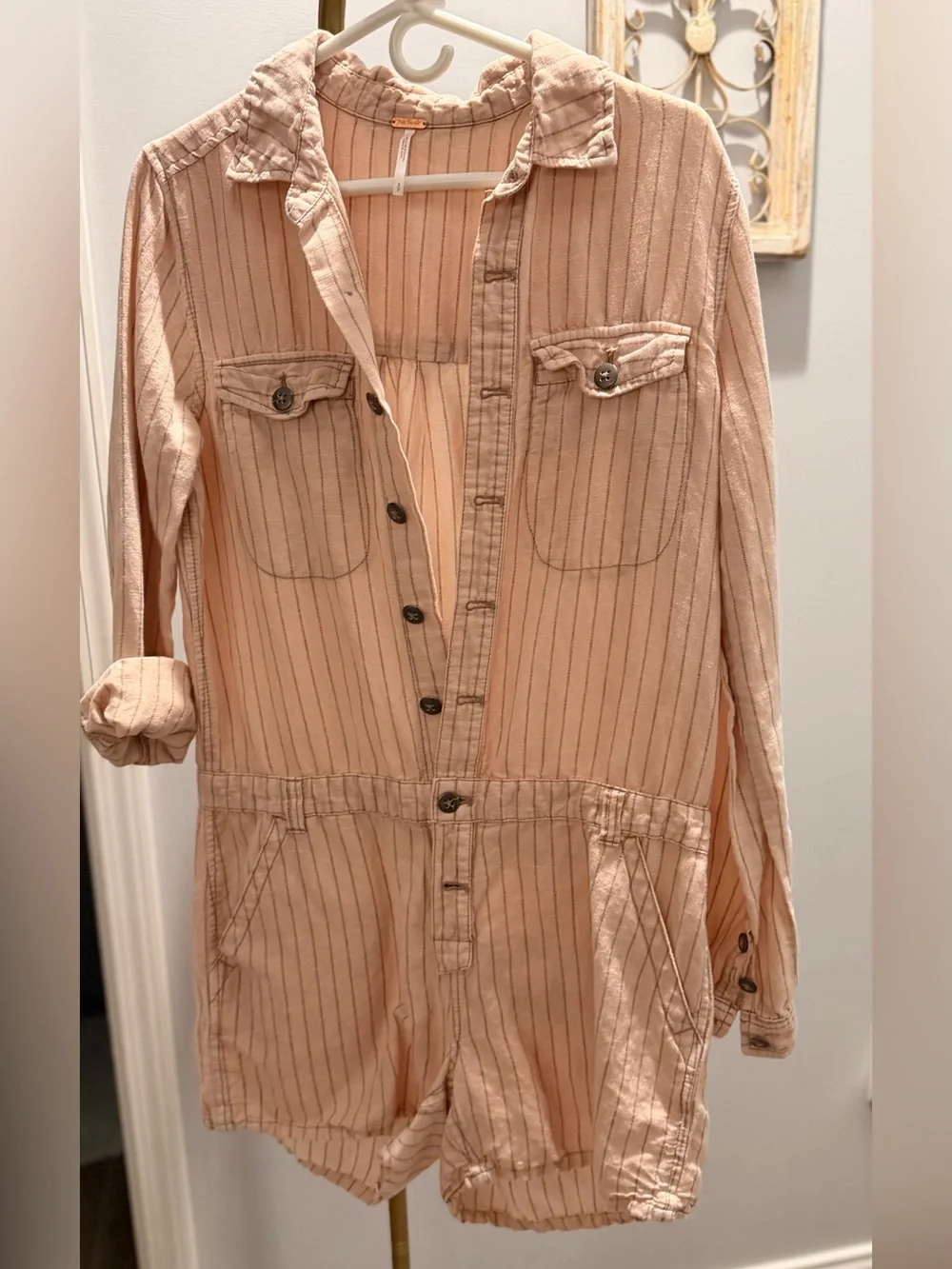 Free People Peach-Striped Utility Romper